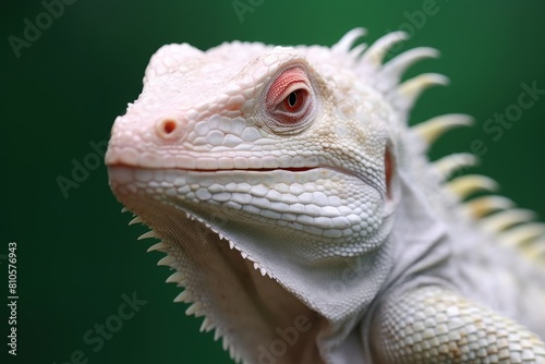 Close-up of a white iguana with red eyes
