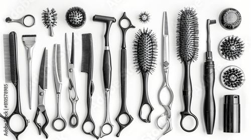 Set of many different hairdressers tools isolated on white