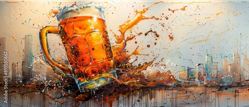 A gritty, urban graffiti artwork showing a dynamic toast with splashes of beer forming the backdrop of a cityscape