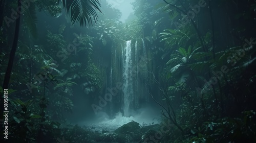  In the heart of the forest lies a sizable waterfall, surrounded by an abundance of verdant foliage Additionally, a smaller waterfall exists within this green haven