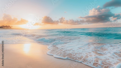 A serene beach at sunset, with gentle waves lapping against the shore, showcasing the tranquil beauty of the coast.