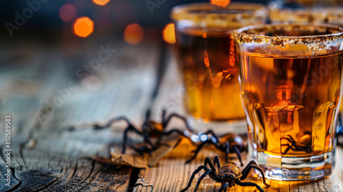 Shots of delicious cocktail and spiders for Halloween