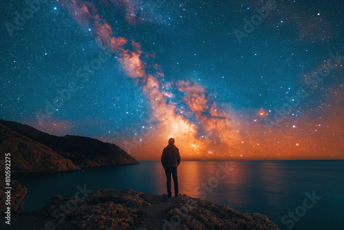 silhouette of male standing on mountain on background of starry night blue sky with a bright Milky way and sea