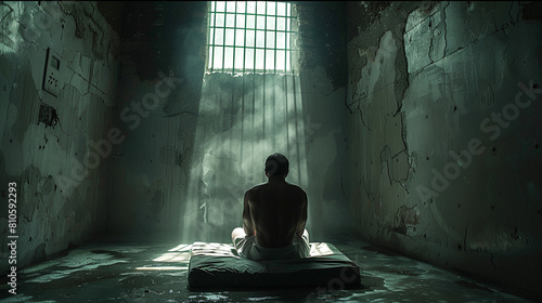 silhouette of a prisoner sitting on bed in cell room