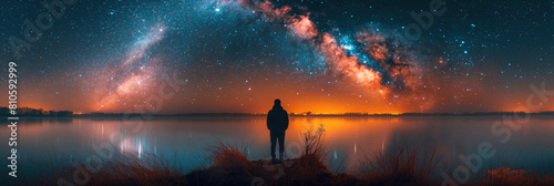 silhouette of man standing on shore of lake on a background of a starry night blue sky with bright colorful Milky Way and stars. Landscape panorama