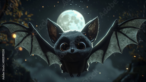 3D of cartoon bat flying on moon backgrounds.