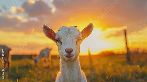 Adorable goofy baby goat at sunset portrait 