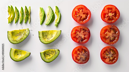 Minimalist design of alternating tomato and avocado slices on a white canvas.