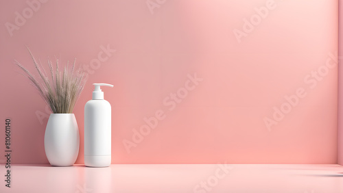 a bottle of lotion and a vase with a plant in it