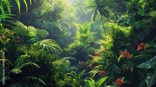 A lush tropical rainforest teeming with diverse flora and fauna, a vibrant ecosystem thriving in harmony.