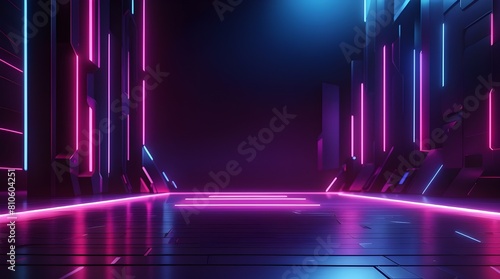 3D technology abstract neon light background, cyberfuturistic sci-fi background, empty space scene, spotlight, gloomy night, virtual reality, and street floor studio for mock up