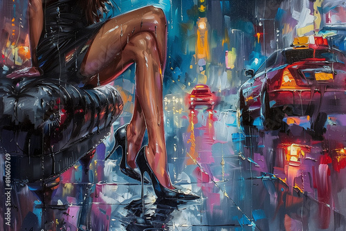 A woman seated on a bench, donning black stiletto heels, amidst a nighttime rainstorm in the city.