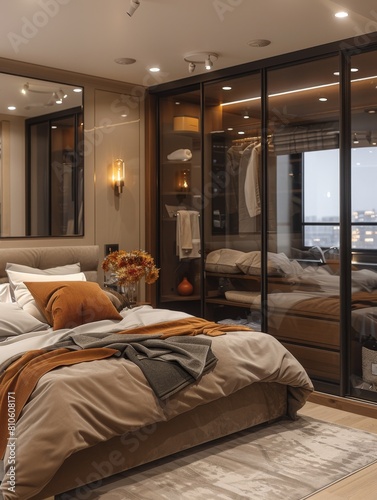 Gray wardrobe with glossy sliding doors in minimalist style interior design of modern bedroom,Sleek Sliding Door Wardrobe in Modern Minimalist Bedroom | 4K HD Wallpaper