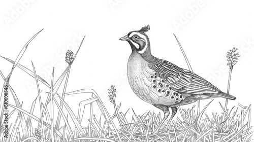 coloring book line drawing white background quail standing in grass 