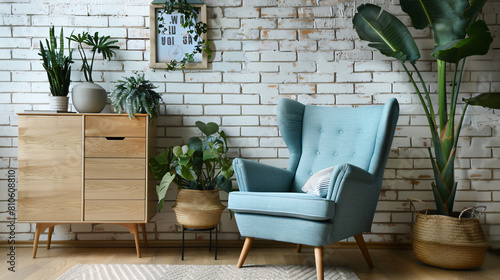Stylish armchair houseplant and cabinet with decor nea