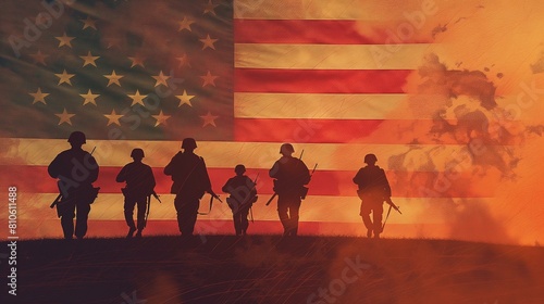 US Army Soldiers' Silhouettes on Background of American Flag at Sunset