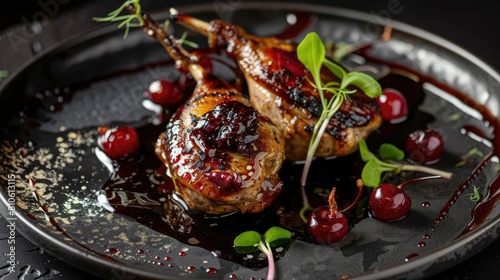 Foie Gras Stuffed Quail with Cherry Gastrique elegantly plated, set against a dark background. 