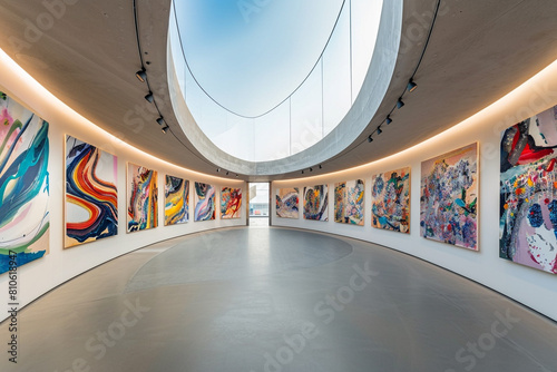 Gallery view from the center of a circular room, displaying abstract art on curved walls.