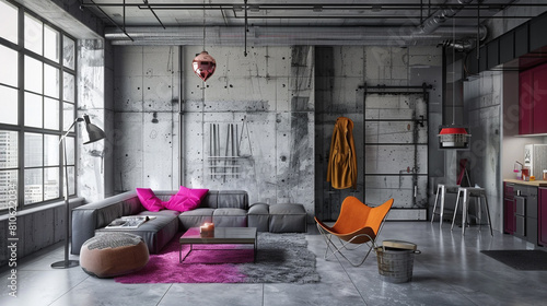 Contemporary loft with gray walls, fuscia color pops, and industrial metal details.