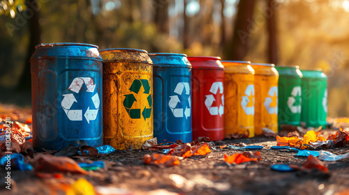 Recycling bins in the autumn forest. The concept of separate waste collection and environmental protection.