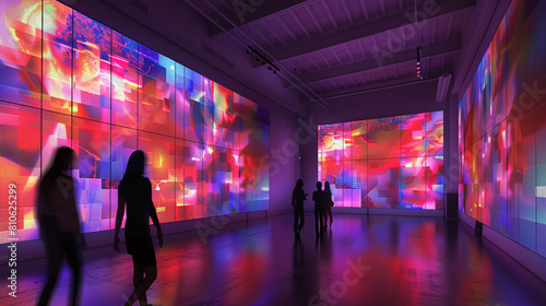 Digital exhibition room with LED walls that alter colors and patterns dynamically.