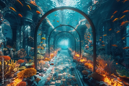 A tunnel with a blue background and fish swimming in it