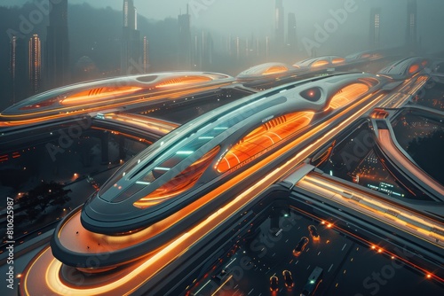 A futuristic cityscape with orange buildings and a train station