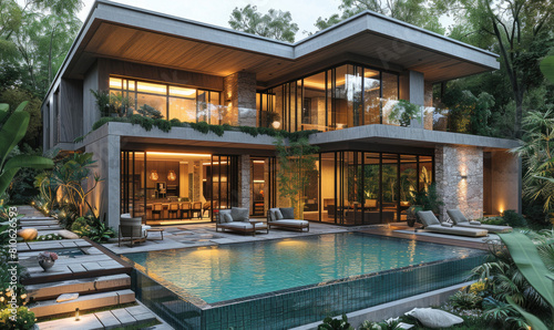 A modern house with an outdoor pool and terrace, surrounded by lush greenery in the background. Created with Ai