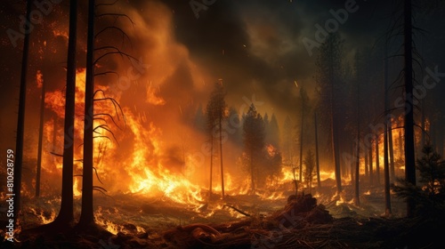 Forest engulfed in flames with dense trees