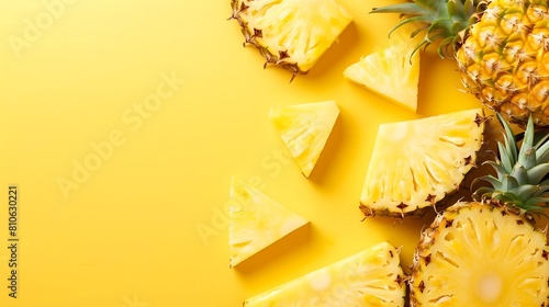 pineapple cut into pieces on a yellow background free space on the left 