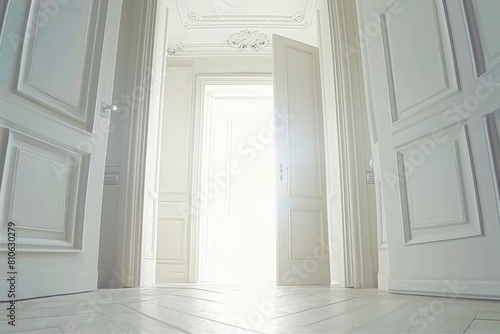 An Open Door Emits a Bright, Surreal Light, Illuminating an Otherwise Dark Room, Creating a Dramatic Contrast and Suggesting New Beginnings or Unexplored Opportunities, Generative AI