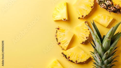 **pineapple cut into pieces on a yellow background free space on the left --ar 16:9 --style raw --v 6.0** - Upscaled (Subtle) by (relaxed)