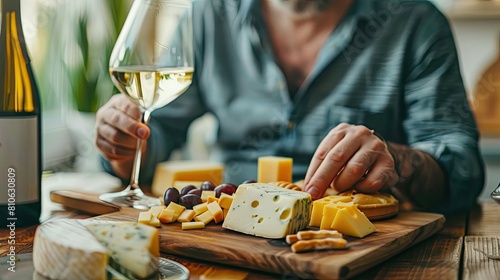 Shot of a man enjoying a cheese platter and tasting different wines 
