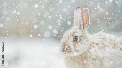 White rabbit in snow, great for seasonal outdoor themes and wildlife articles.