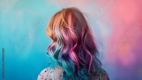 A woman with colorful hair, pink and blue highlights, standing in front of a wall with the same colors