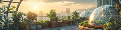 Futuristic Smart Garden Thrives on High Tech Rooftop Terrace with Automated Greenhouse Domes