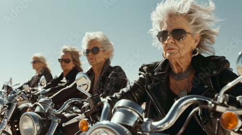 A group of senior women bikers clad in leather jackets, showcasing freedom and rebellion on their motorcycles