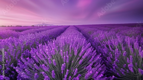A vibrant lavender field under a twilight sky, the purple hues blending seamlessly from the flowers to the sky. 32k, full ultra hd, high resolution