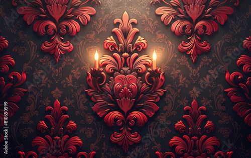  wallpaper with a red damask pattern and candles. Created with Ai