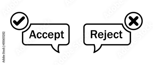 Accept and reject button icon with tick and cross symbol in call out style in black. Right and wrong buttons symbols. Check box icon with right and wrong sign. Vector