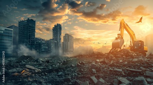 An excavator operates in a rubble-filled urban area at sunset, framed by modern buildings and a vibrant sky