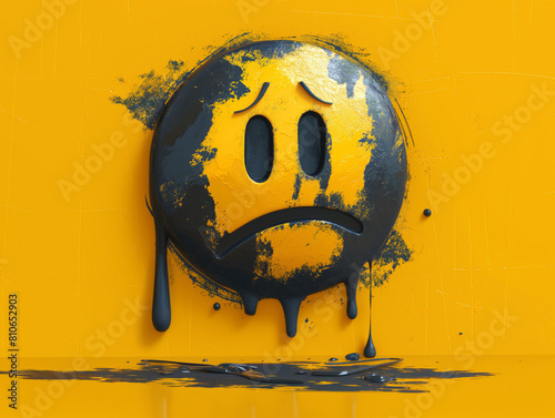 3D rendering of a sad yellow smiley face with black dripping.