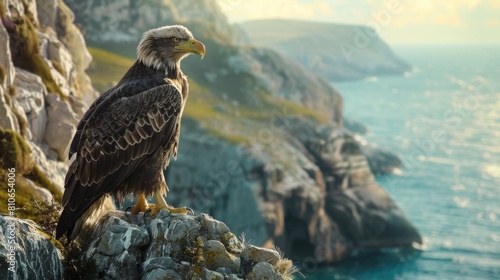 A close-up of a majestic, bald eagle perched on a cliff overlooking the sea.