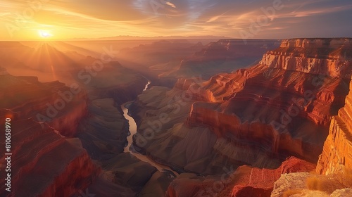Na zdjęciu widać zachodzące słońce nad Wielkim Kanionem, co sprawia, że krajobraz nabiera intensywnych kolorów. Głębokie piękno kanionu jawi się w kontraście ze schodzącym słońcem