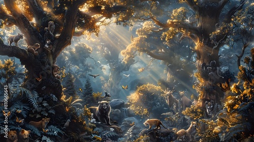 Enchanting Interplay of Light and Shadows in a Mystical Forest Teeming with Diverse Wildlife