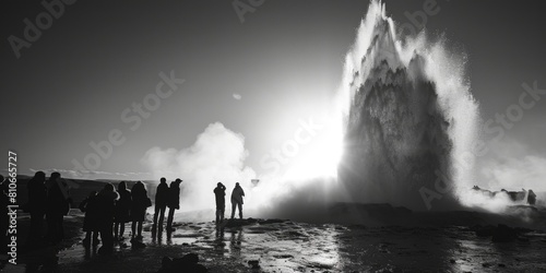 A group of people are standing around a geyser