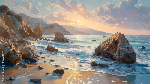 Stunning Seaside Cliff Bathed in Vibrant Sunset Glow with Rugged Rocks and Soft Sandy Beaches