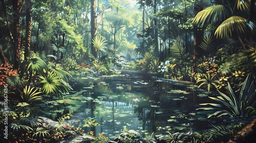 Serene Tropical Forest Scene with Lush,Diverse Vegetation and Flowing Water