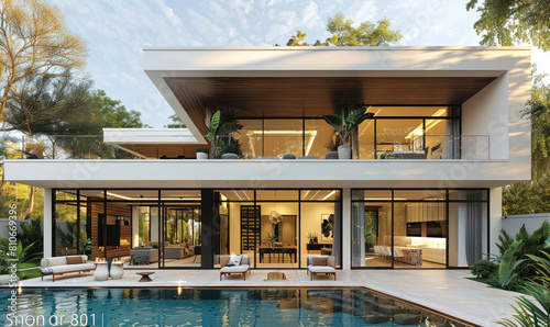 A sleek, modern twostory house with large windows and an outdoor pool area. Created with Ai