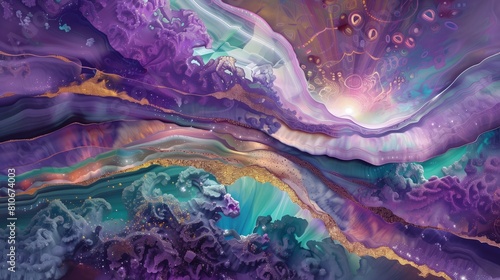 W obrazie występuje abstrakcyjna sceneria snu, gdzie dominującymi kolorami są fiolet, niebieski i zielony, ukazujące góry i inne formy abstrakcyjne